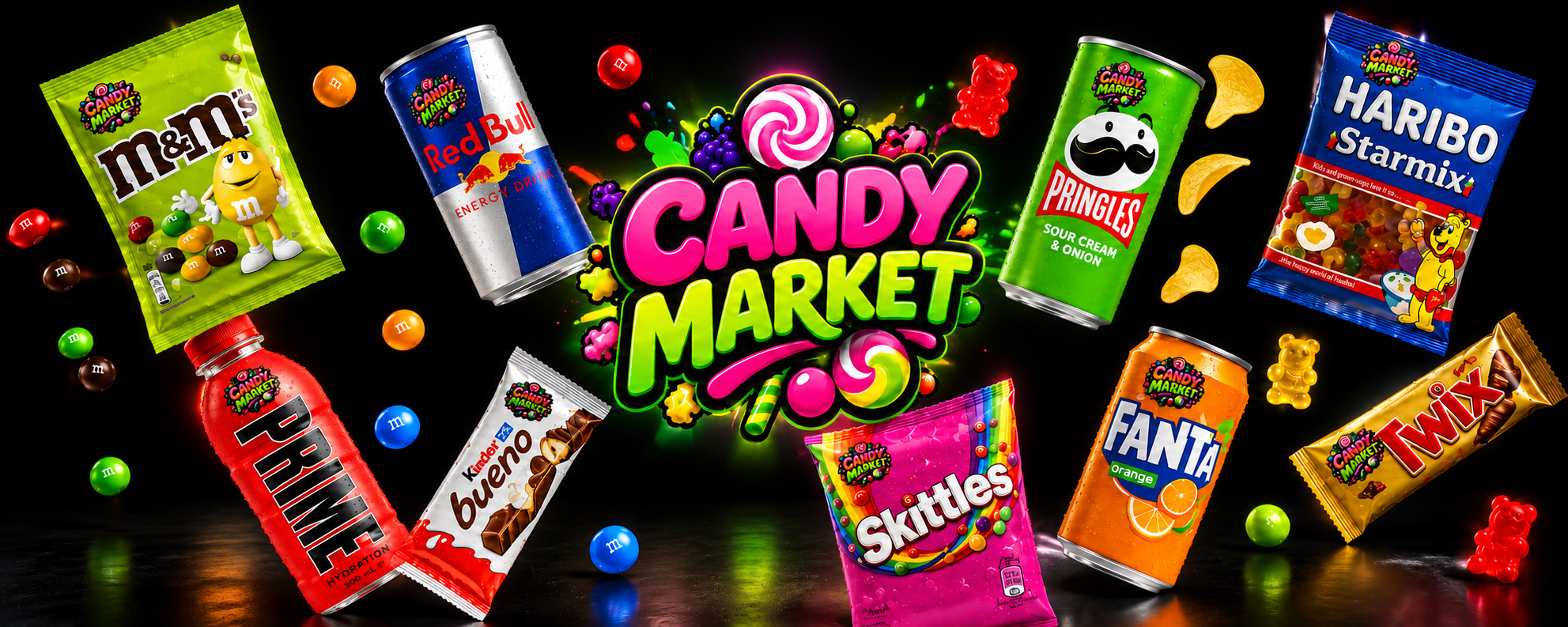 Candy Market - prémium édességek, csokoládék, energiaitalok és snackek színes válogatása