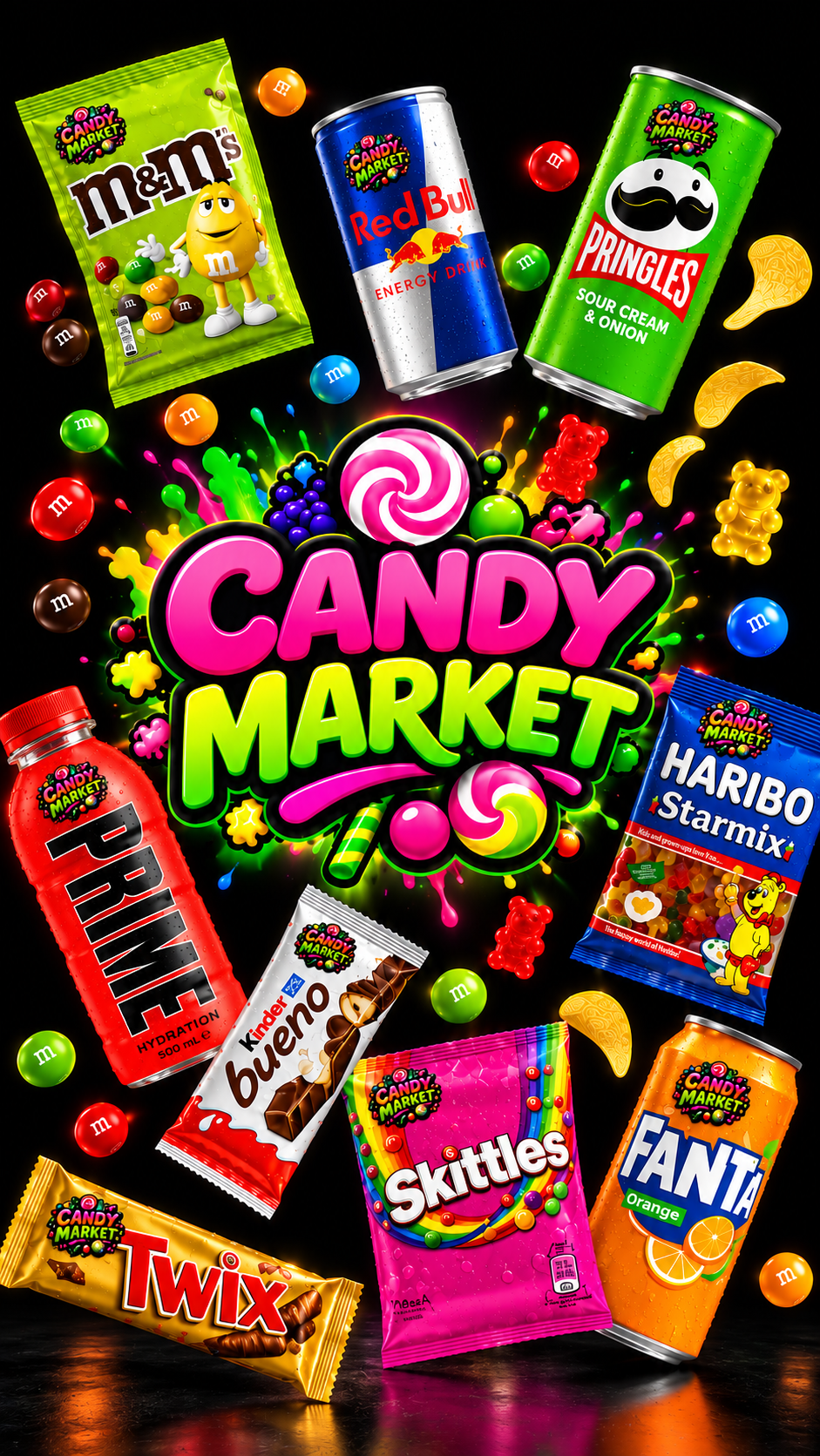 Candy Market - prémium édességek, csokoládék, energiaitalok és snackek színes válogatása mobilon