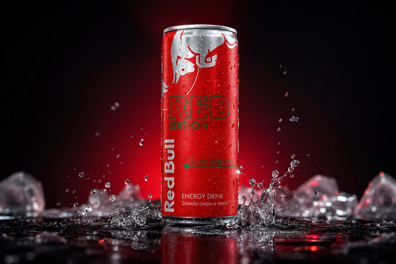 Red Bull Red Edition doboz jégkockák között, friss vízcseppekkel